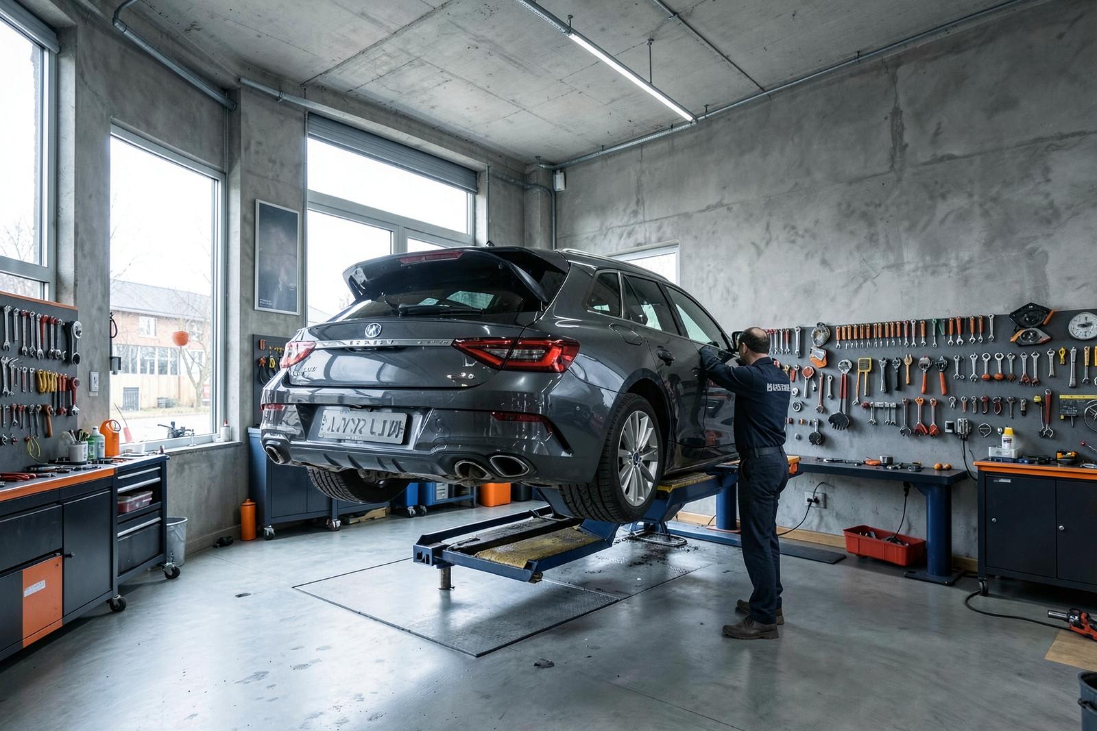 Verkstadshallen med bil på lyft